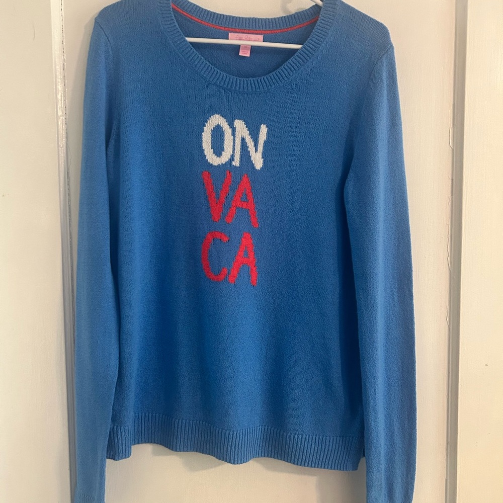 Lilly Pulitzer Blue Sweater with Red and White Lettering